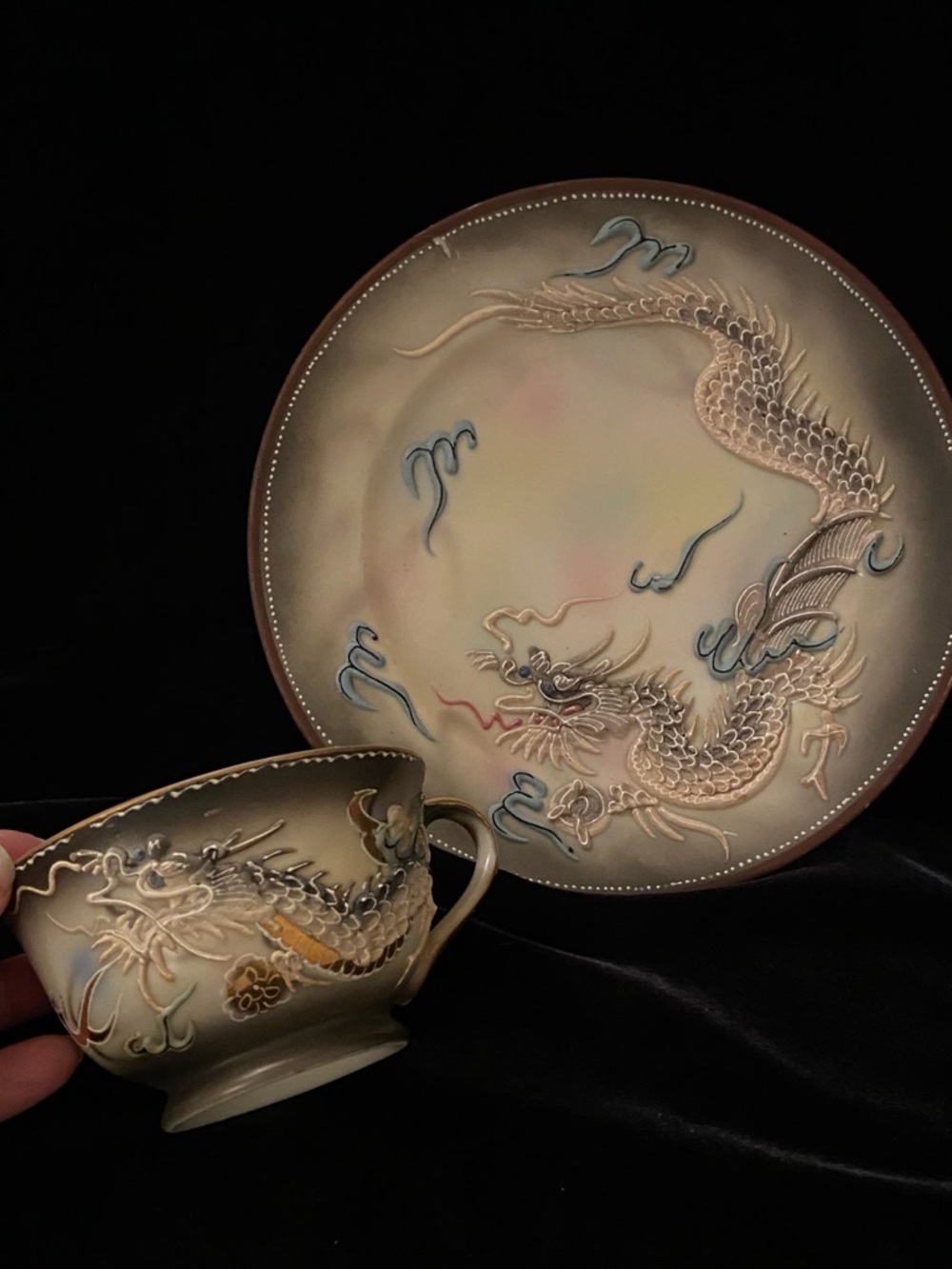 Vintage Dragonware Moriage Black/Gray with Beading Teacup and Plate Japan EUC